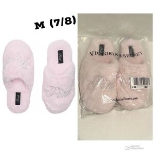 VS PINK NWT Pink Tulip Bling Faux-Fur Closed-Toe Slippers